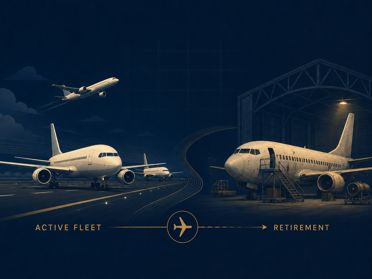 Conceptual illustration comparing an active aircraft fleet with an aircraft entering retirement.
